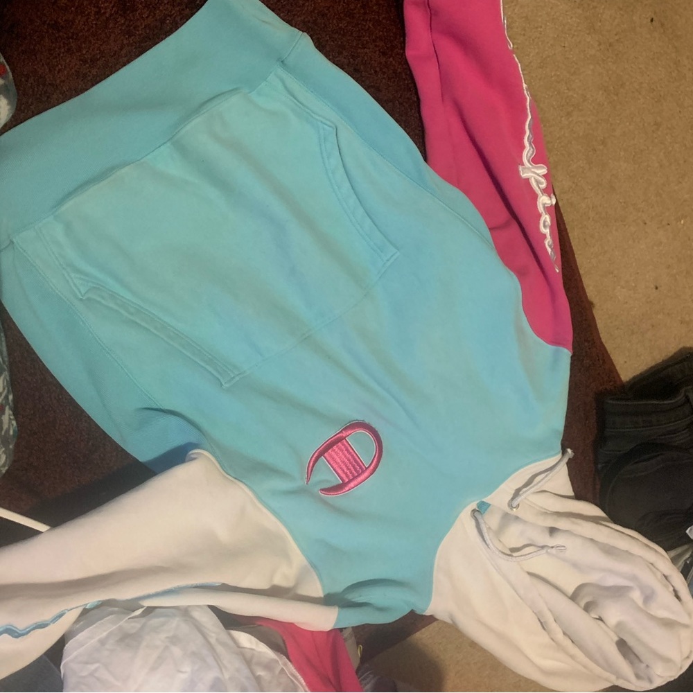 champion heavy sweatshirt/small but medium/pink,blue,white.